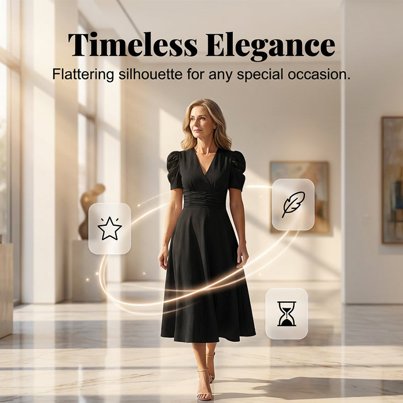 🥳Soldes exceptionnelles 2026🥳💞Plus de 50 000 exemplaires vendus !💥💕🌿-50% ! Robe élégante à manches bouffantes – Col V et taille haute pour une silhouette sablier. Respirante et infroissable. Idéale pour femmes matures.👗✅
