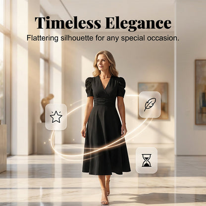 🥳Soldes exceptionnelles 2026🥳💞Plus de 50 000 exemplaires vendus !💥💕🌿-50% ! Robe élégante à manches bouffantes – Col V et taille haute pour une silhouette sablier. Respirante et infroissable. Idéale pour femmes matures.👗✅