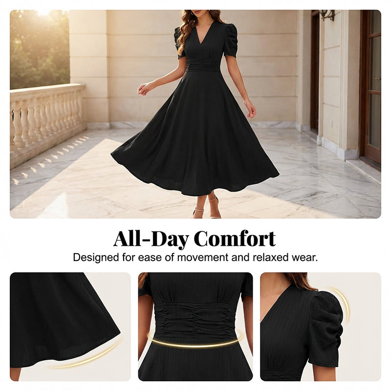 🥳Soldes exceptionnelles 2026🥳💞Plus de 50 000 exemplaires vendus !💥💕🌿-50% ! Robe élégante à manches bouffantes – Col V et taille haute pour une silhouette sablier. Respirante et infroissable. Idéale pour femmes matures.👗✅