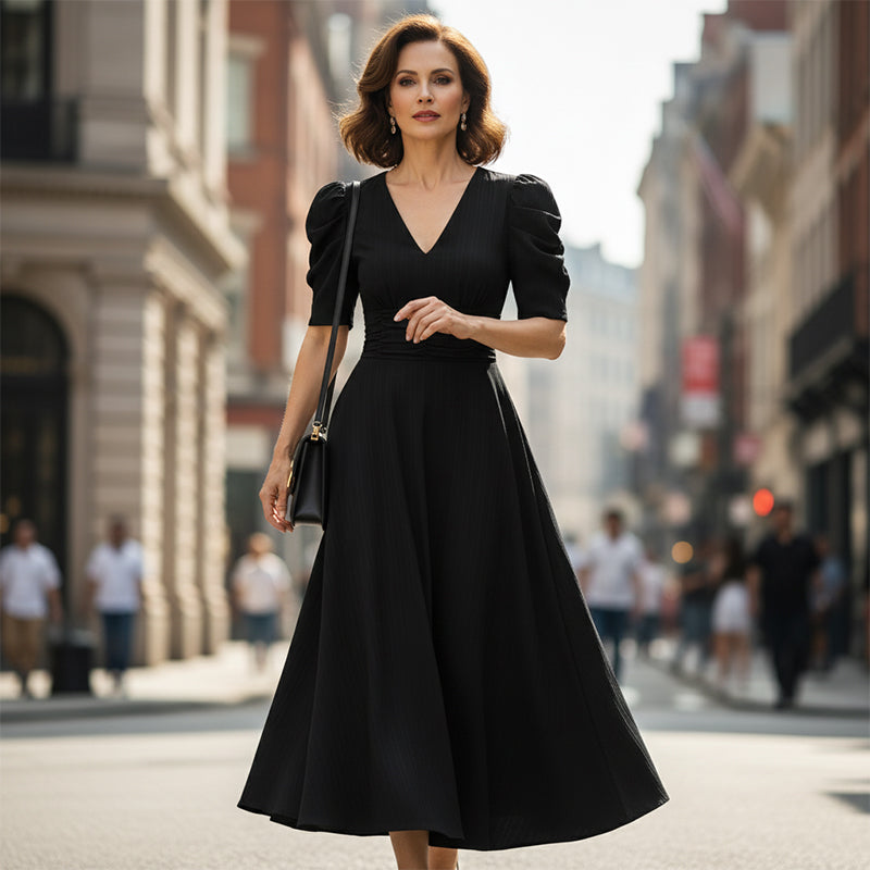 🥳Soldes exceptionnelles 2026🥳💞Plus de 50 000 exemplaires vendus !💥💕🌿-50% ! Robe élégante à manches bouffantes – Col V et taille haute pour une silhouette sablier. Respirante et infroissable. Idéale pour femmes matures.👗✅
