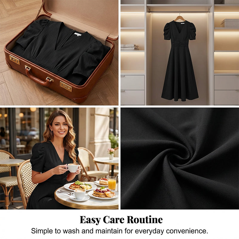 🥳Soldes exceptionnelles 2026🥳💞Plus de 50 000 exemplaires vendus !💥💕🌿-50% ! Robe élégante à manches bouffantes – Col V et taille haute pour une silhouette sablier. Respirante et infroissable. Idéale pour femmes matures.👗✅