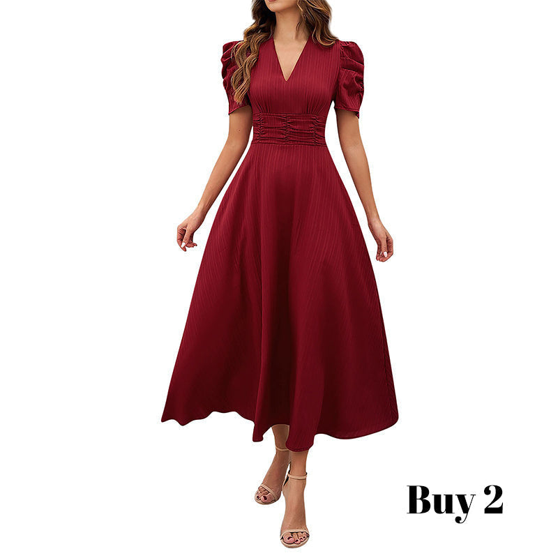 🥳Soldes exceptionnelles 2026🥳💞Plus de 50 000 exemplaires vendus !💥💕🌿-50% ! Robe élégante à manches bouffantes – Col V et taille haute pour une silhouette sablier. Respirante et infroissable. Idéale pour femmes matures.👗✅