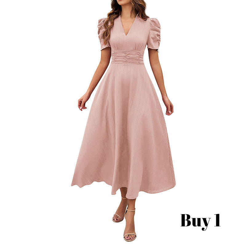 🥳Soldes exceptionnelles 2026🥳💞Plus de 50 000 exemplaires vendus !💥💕🌿-50% ! Robe élégante à manches bouffantes – Col V et taille haute pour une silhouette sablier. Respirante et infroissable. Idéale pour femmes matures.👗✅