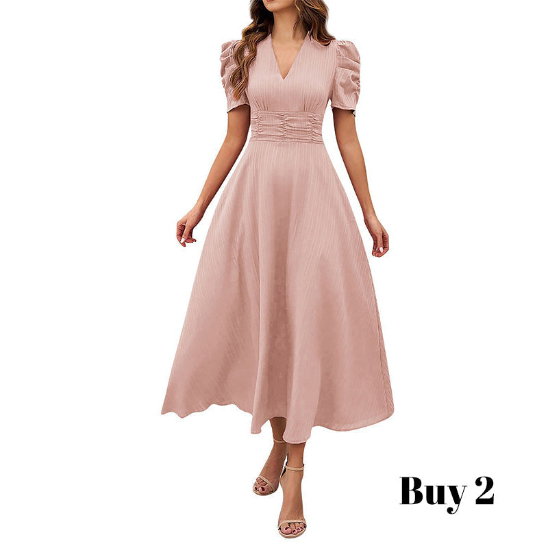 🥳Soldes exceptionnelles 2026🥳💞Plus de 50 000 exemplaires vendus !💥💕🌿-50% ! Robe élégante à manches bouffantes – Col V et taille haute pour une silhouette sablier. Respirante et infroissable. Idéale pour femmes matures.👗✅