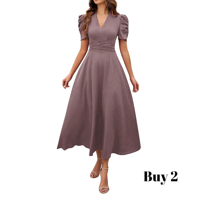 🥳Soldes exceptionnelles 2026🥳💞Plus de 50 000 exemplaires vendus !💥💕🌿-50% ! Robe élégante à manches bouffantes – Col V et taille haute pour une silhouette sablier. Respirante et infroissable. Idéale pour femmes matures.👗✅