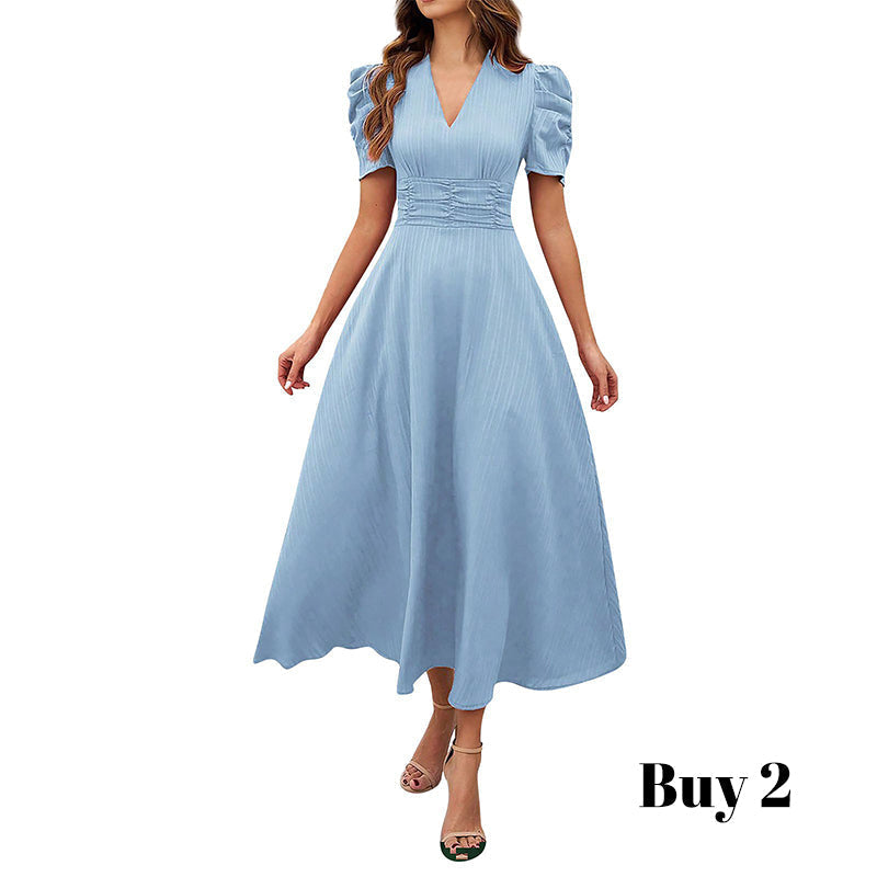 🥳Soldes exceptionnelles 2026🥳💞Plus de 50 000 exemplaires vendus !💥💕🌿-50% ! Robe élégante à manches bouffantes – Col V et taille haute pour une silhouette sablier. Respirante et infroissable. Idéale pour femmes matures.👗✅