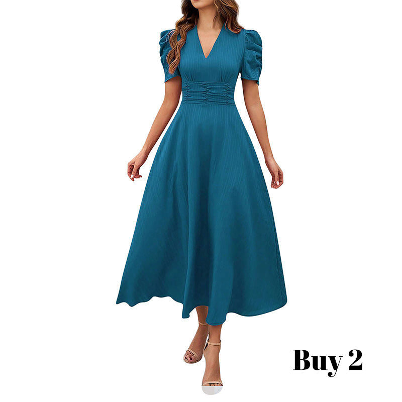 🥳Soldes exceptionnelles 2026🥳💞Plus de 50 000 exemplaires vendus !💥💕🌿-50% ! Robe élégante à manches bouffantes – Col V et taille haute pour une silhouette sablier. Respirante et infroissable. Idéale pour femmes matures.👗✅