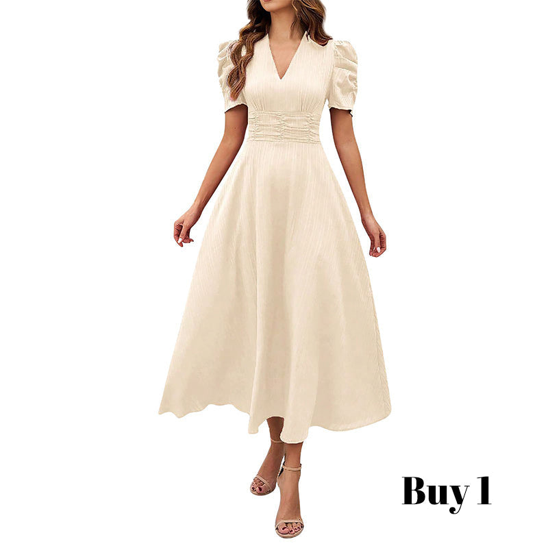 🥳Soldes exceptionnelles 2026🥳💞Plus de 50 000 exemplaires vendus !💥💕🌿-50% ! Robe élégante à manches bouffantes – Col V et taille haute pour une silhouette sablier. Respirante et infroissable. Idéale pour femmes matures.👗✅