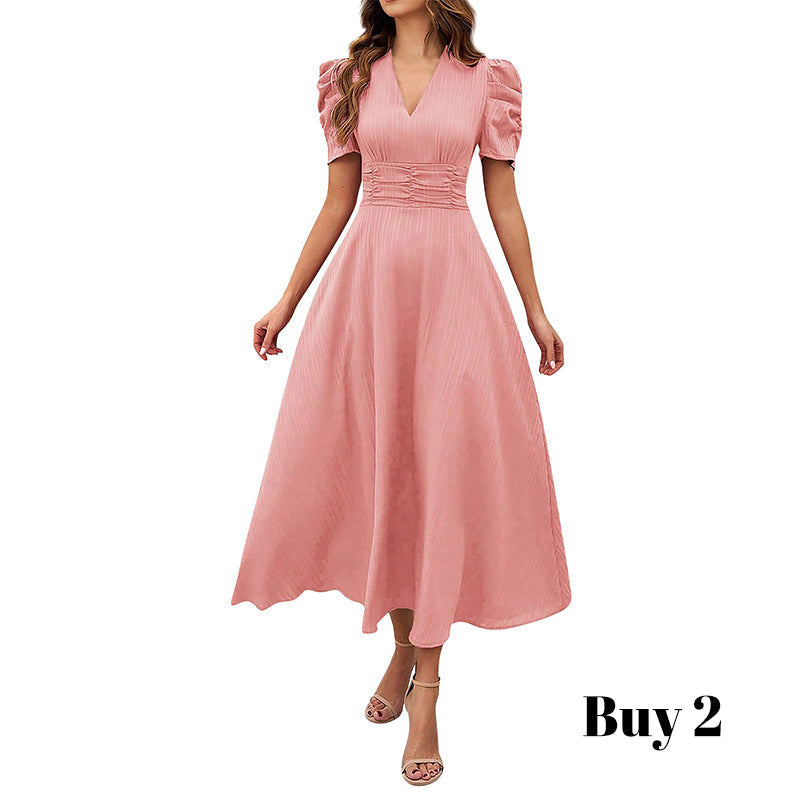 🥳Soldes exceptionnelles 2026🥳💞Plus de 50 000 exemplaires vendus !💥💕🌿-50% ! Robe élégante à manches bouffantes – Col V et taille haute pour une silhouette sablier. Respirante et infroissable. Idéale pour femmes matures.👗✅