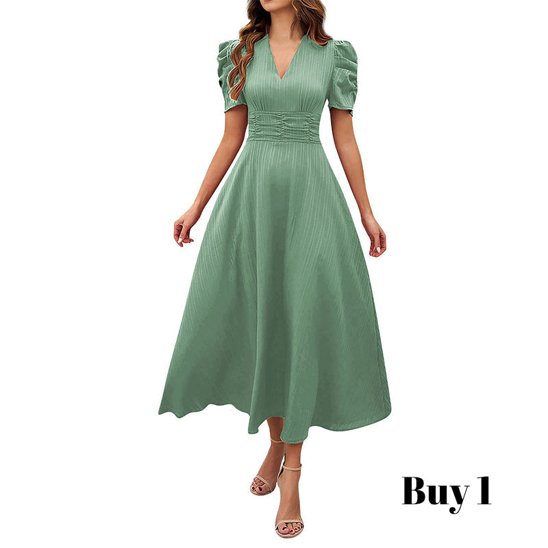 🥳Soldes exceptionnelles 2026🥳💞Plus de 50 000 exemplaires vendus !💥💕🌿-50% ! Robe élégante à manches bouffantes – Col V et taille haute pour une silhouette sablier. Respirante et infroissable. Idéale pour femmes matures.👗✅