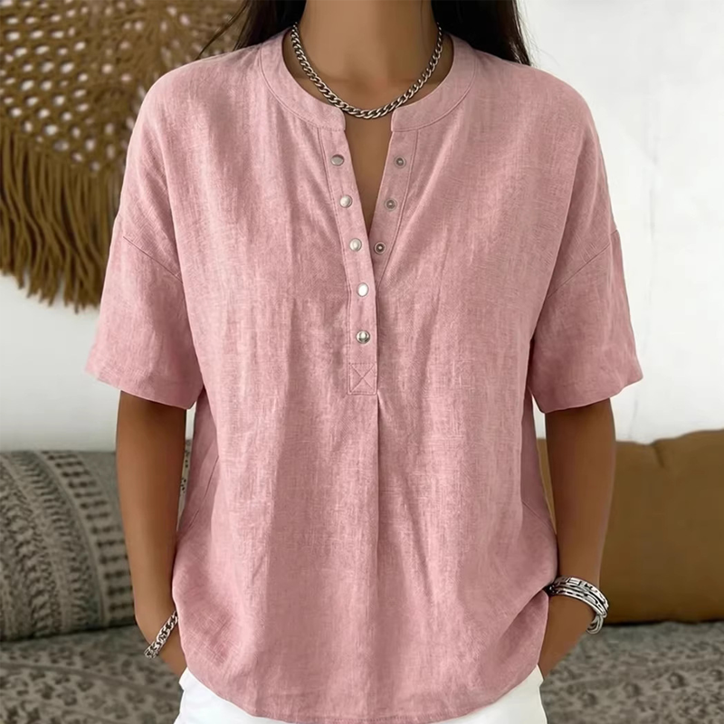 🔥🎁Haut unisexe décontracté et ample, couleur unie – Col Henley boutonné, mélange de coton et de lin