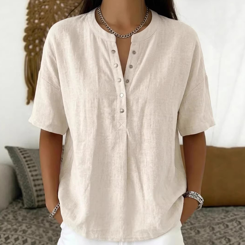 🔥🎁Haut unisexe décontracté et ample, couleur unie – Col Henley boutonné, mélange de coton et de lin