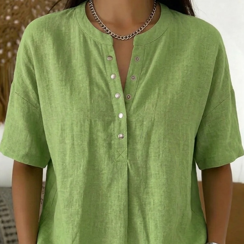 🔥🎁Haut unisexe décontracté et ample, couleur unie – Col Henley boutonné, mélange de coton et de lin