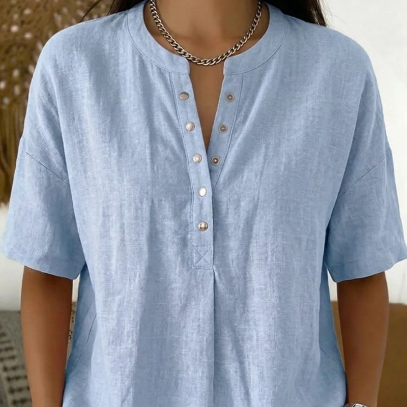 🔥🎁Haut unisexe décontracté et ample, couleur unie – Col Henley boutonné, mélange de coton et de lin