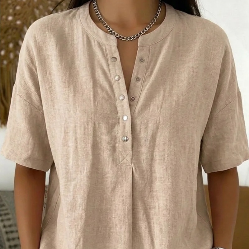 🔥🎁Haut unisexe décontracté et ample, couleur unie – Col Henley boutonné, mélange de coton et de lin