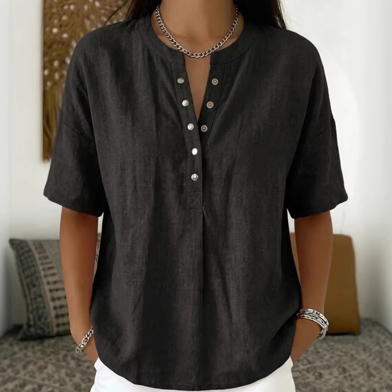 🔥🎁Haut unisexe décontracté et ample, couleur unie – Col Henley boutonné, mélange de coton et de lin