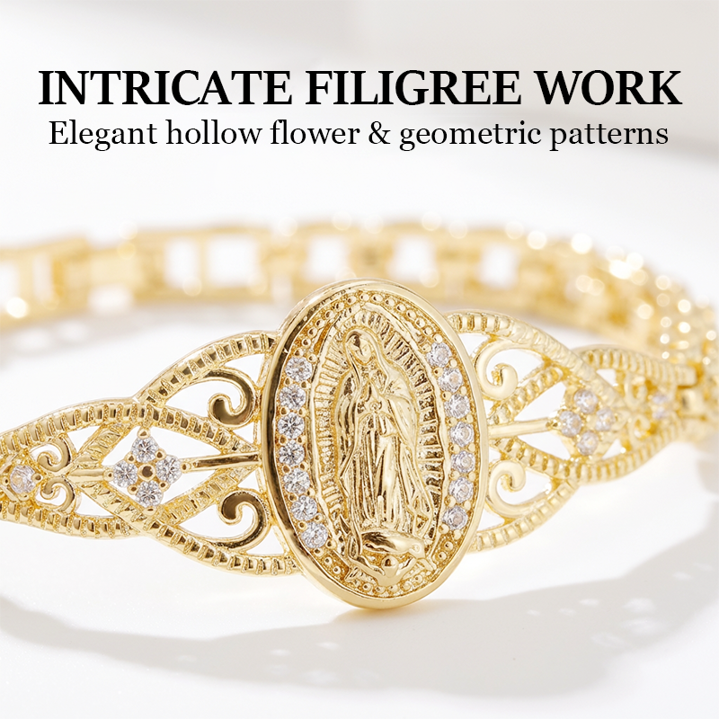 📿🔥 PROMO -50% LIMITÉE ! Bracelet Vierge Marie Femme Plaqué Or – Médaillon Dévotion Élégant, Filigrane Fleurs Creuses Géométrique Artisanat Raffiné, Cuivre Haute Qualité · Cadeau Foi · 2 Styles ✨
