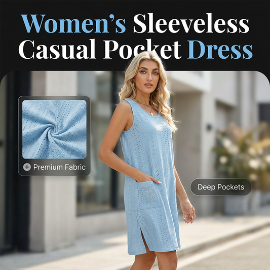 🔥🎁NOUVEAUTÉ -50%🔥Robe décontractée sans manches à col rond avec poches pour femme✈️