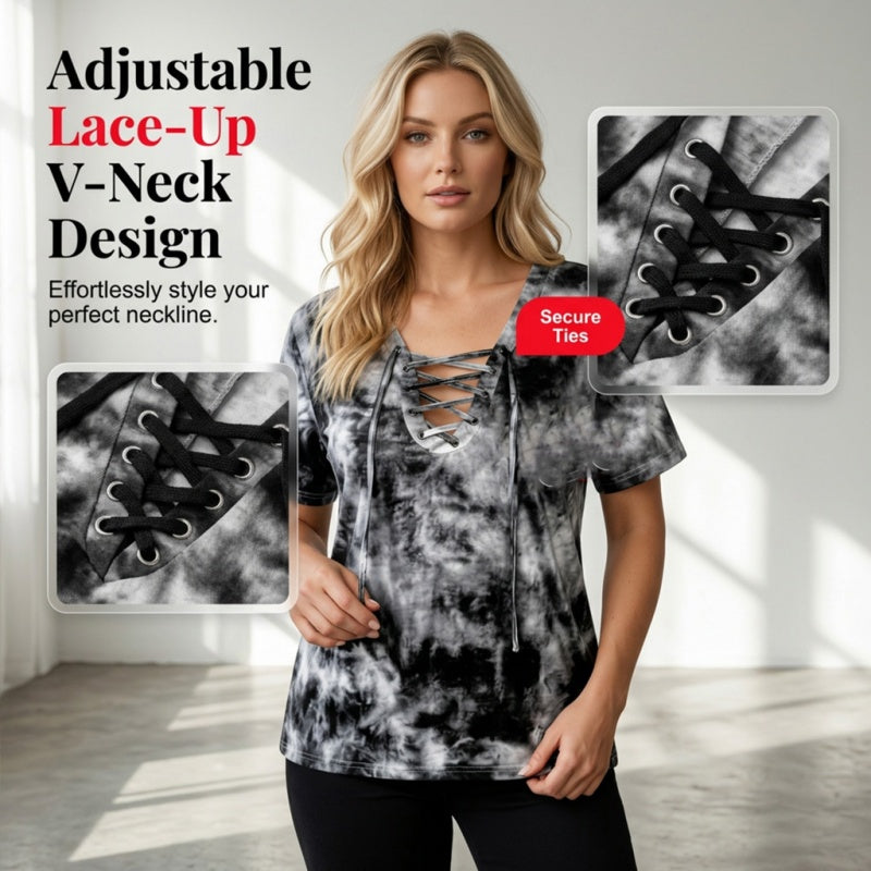 👕 PROMO LIMITÉE -50% ! ✨ T-Shirt Femme Tie-Dye Col V Lacé – Tissu Respirant Premium, Coupe Flatteuse Ample, 4 Couleurs · Blanc, Rose, Violet & Gris · S–5XL 👍30J Remboursé