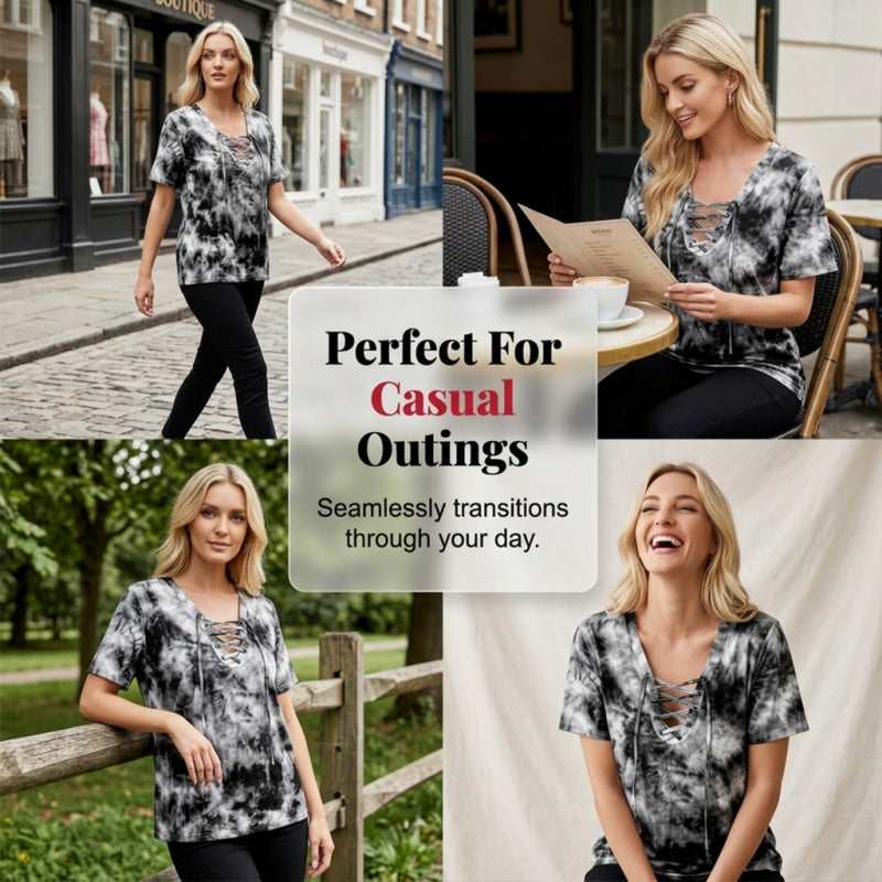 👕 PROMO LIMITÉE -50% ! ✨ T-Shirt Femme Tie-Dye Col V Lacé – Tissu Respirant Premium, Coupe Flatteuse Ample, 4 Couleurs · Blanc, Rose, Violet & Gris · S–5XL 👍30J Remboursé