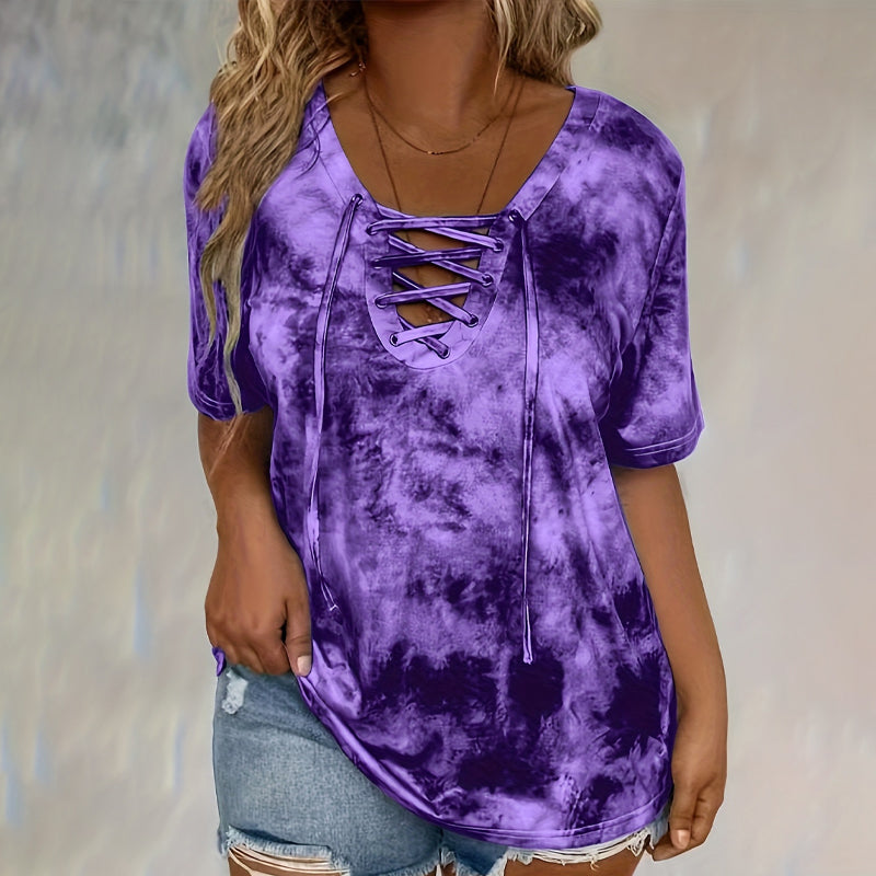 👕 PROMO LIMITÉE -50% ! ✨ T-Shirt Femme Tie-Dye Col V Lacé – Tissu Respirant Premium, Coupe Flatteuse Ample, 4 Couleurs · Blanc, Rose, Violet & Gris · S–5XL 👍30J Remboursé