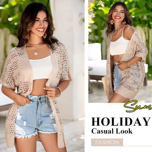 🔥Cardigan en maille ajourée à manches courtes pour femme💦 | Style Bohème & Fraîcheur Été 🌸