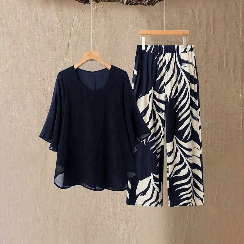 📢📢 50% DE RÉDUCTION !! ⏰ Ensemble haut élégant fluide & pantalon imprimé pour femme