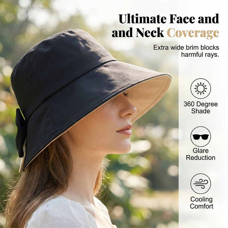 👒🔥 PROMO -50% ! Chapeau de Soleil Femme Larges Bords – Protection 360° Visage Oreilles Cou, Tissu Respirant Premium Doux Peau, Flexible Enroulable Voyage, Nœud Ruban Élégant · 3 Coloris · 55-57cm ✨