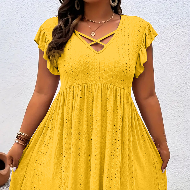 👗 50% DE RÉDUCTION ✨ Robe col V à volants – Élégante, cintrée & polyvalente – Parfaite pour le bureau, les brunchs ou les rendez-vous – chic et féminine 🌸💃🌿