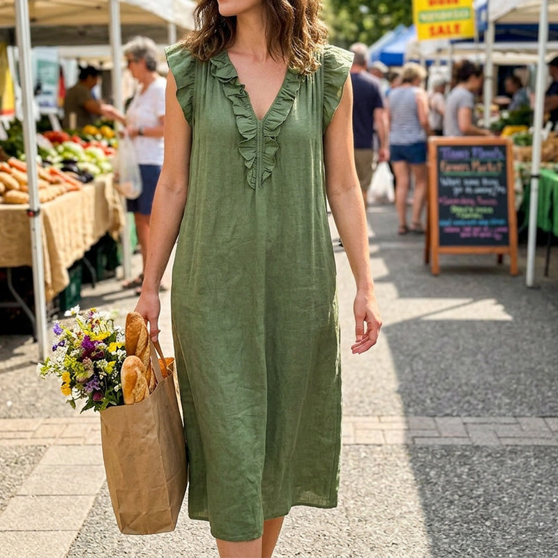 ✨👗 PROMO FLASH 50% ! Robe Décontractée Femme Sans Manches – Col V, Volants, Tissu Respirant, Poches Latérales, 8 Tailles, Idéale Été & Bohème 🌸