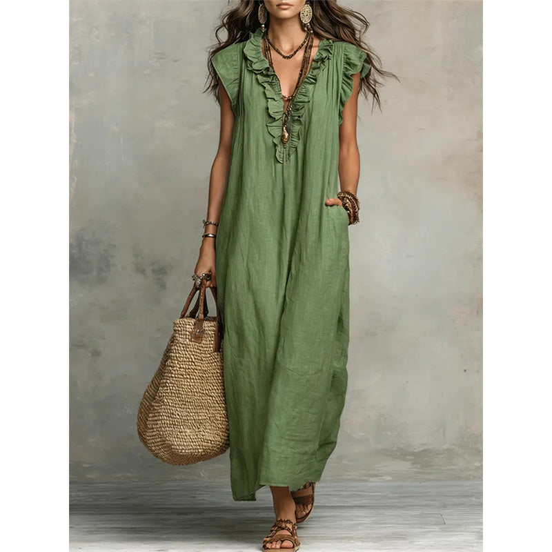 ✨👗 PROMO FLASH 50% ! Robe Décontractée Femme Sans Manches – Col V, Volants, Tissu Respirant, Poches Latérales, 8 Tailles, Idéale Été & Bohème 🌸