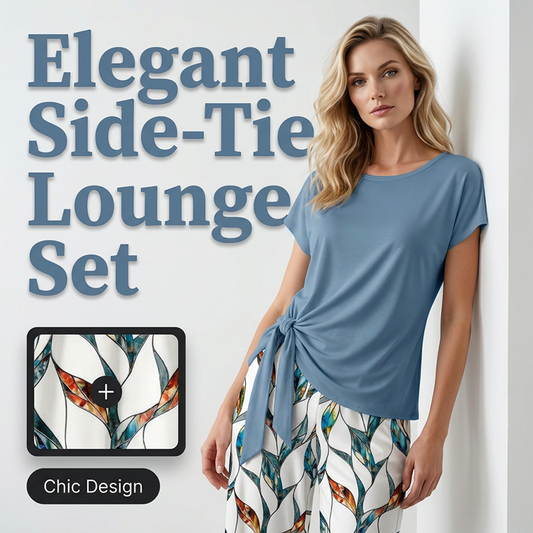 🌿 PROMO LIMITÉE -50% ! ✨ Ensemble Femme 2 Pièces – Haut Nœud Côté & Pantalon Motif Botanique, Tissu Respirant Premium · Bleu Clair & Vert Clair · S–5XL (EU34-54) 💐