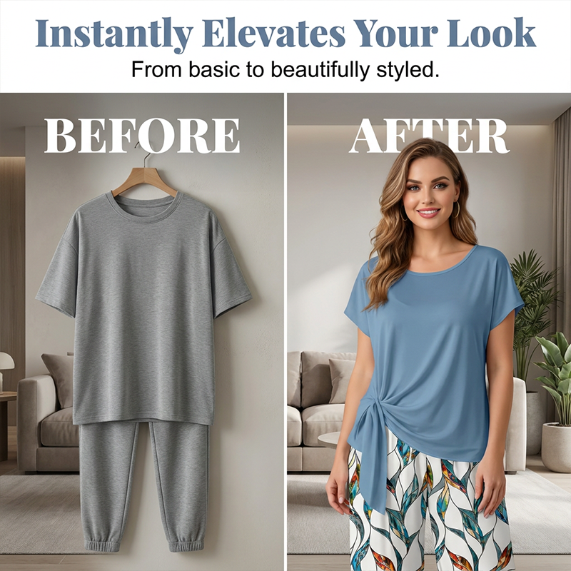 🌿 PROMO LIMITÉE -50% ! ✨ Ensemble Femme 2 Pièces – Haut Nœud Côté & Pantalon Motif Botanique, Tissu Respirant Premium · Bleu Clair & Vert Clair · S–5XL (EU34-54) 💐