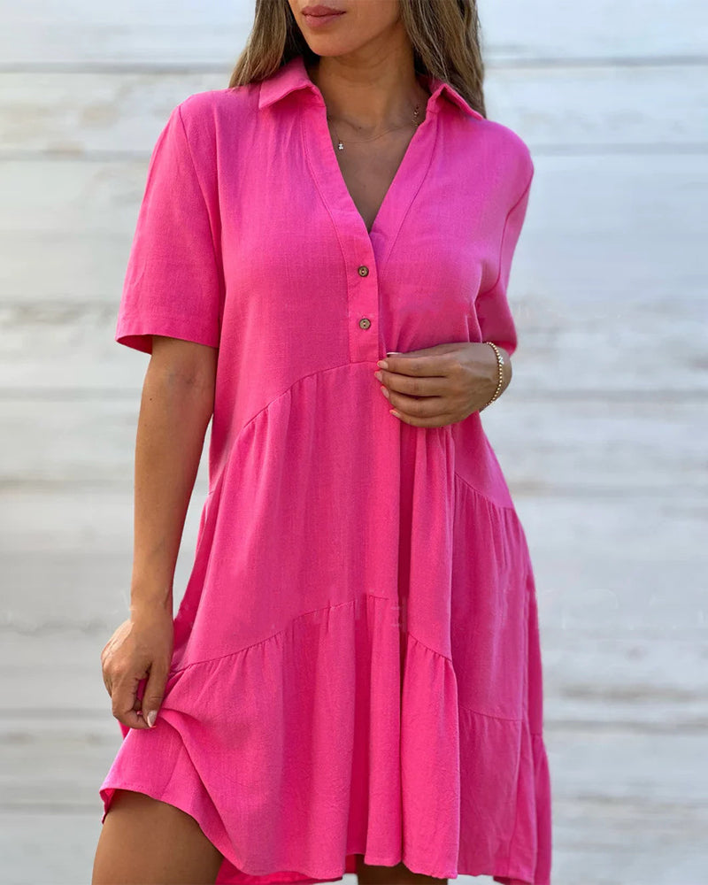 👗✨ PROMO FLASH 50% ! Robe à Boutons Couleur Unie – Col Revers, Coupe A-Ligne, Tissu Coton & Lin, Manches Courtes, Tailles S-3XL, Idéale Printemps & Été