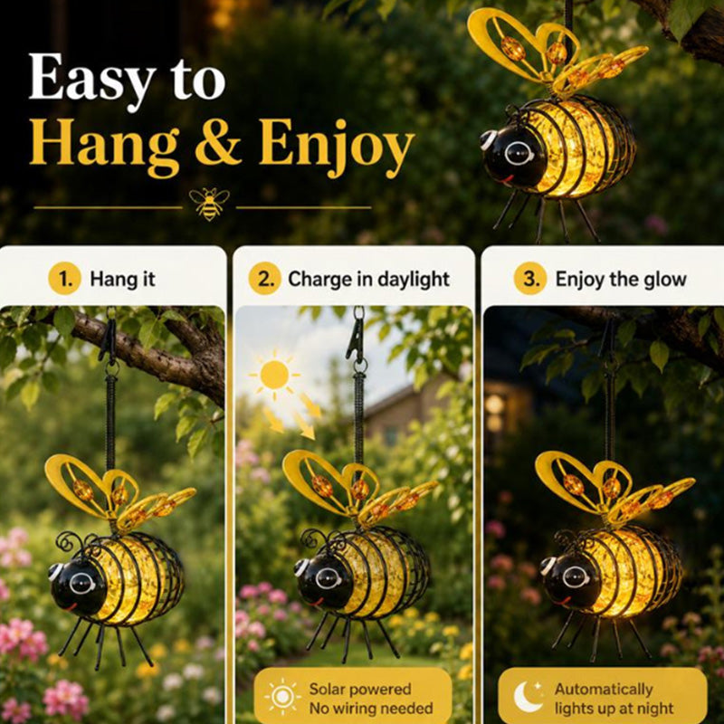 🐝 PROMO LIMITÉE 50% DE RÉDUCTION ! ☀️ Suspension Solaire Abeille Lumineuse – Ailes en Cœur, Métal, Résistant aux Intempéries 🌸