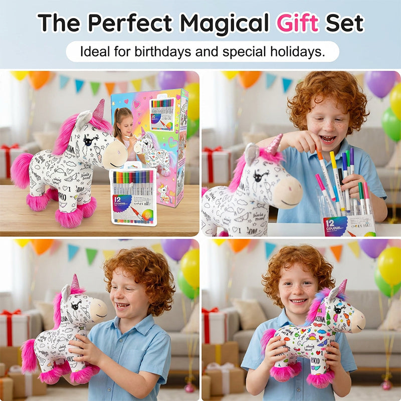🦄 50% DE RÉDUCTION ! 🎨 Kit de Peluche Licorne à Colorier Soi-Même – Lavable & Réutilisable – 12 Feutres Non Toxiques Inclus – Développe la Créativité et la Motricité Fine – Cadeau Parfait pour Enfants ✨