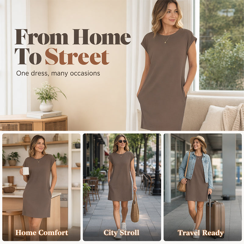 👗 PROMO LIMITÉE 50% DE RÉDUCTION ! ✨ Robe Décontractée Coton Mélangé Femme – Col Rond, Manches Courtes, Coupe Ample 🌸