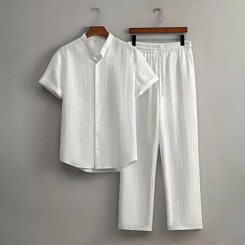👔 50% DE RÉDUCTION 🔥 Ensemble homme 2 pièces texturé – Chemise & pantalon décontracté – Coupe coordonnée & respirante – parfait pour voyager ou un look soigné au quotidien ✨🧳🌿