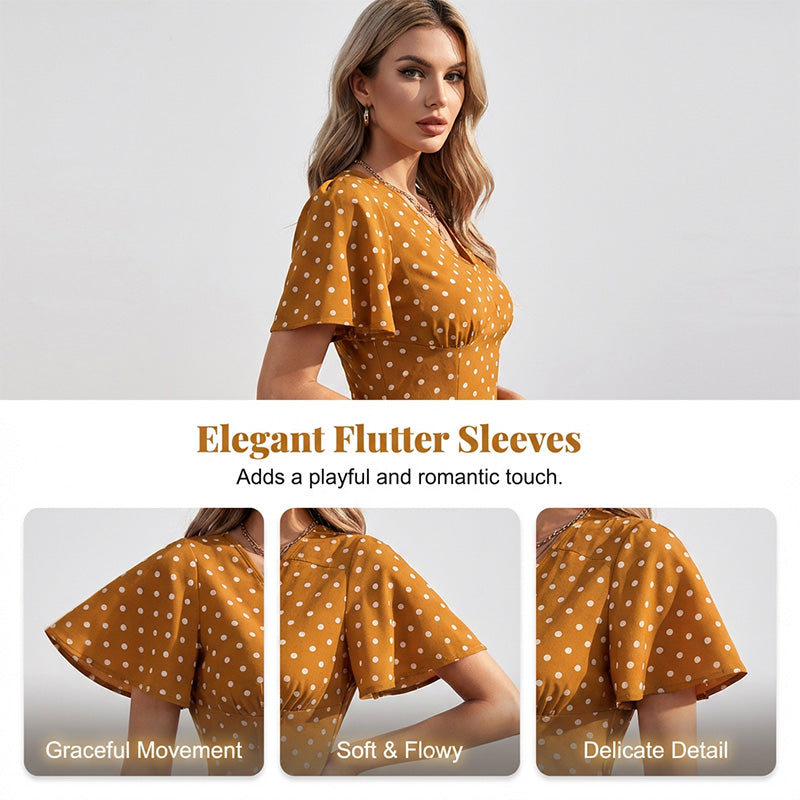 👗 PROMO LIMITÉE -50% ! ✨ Robe Maxi à Pois Col V Femme – Manches Volantées, Silhouette Galbée, Tissu Respirant, 6 Coloris, XS-XL 🎀
