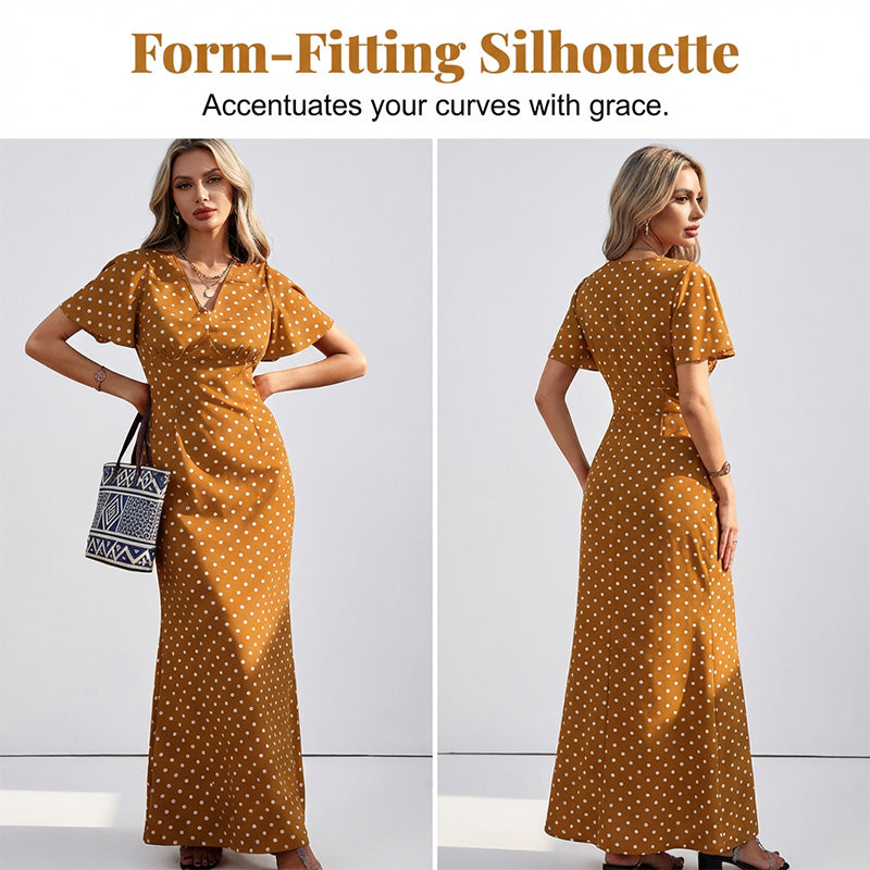 👗 PROMO LIMITÉE -50% ! ✨ Robe Maxi à Pois Col V Femme – Manches Volantées, Silhouette Galbée, Tissu Respirant, 6 Coloris, XS-XL 🎀