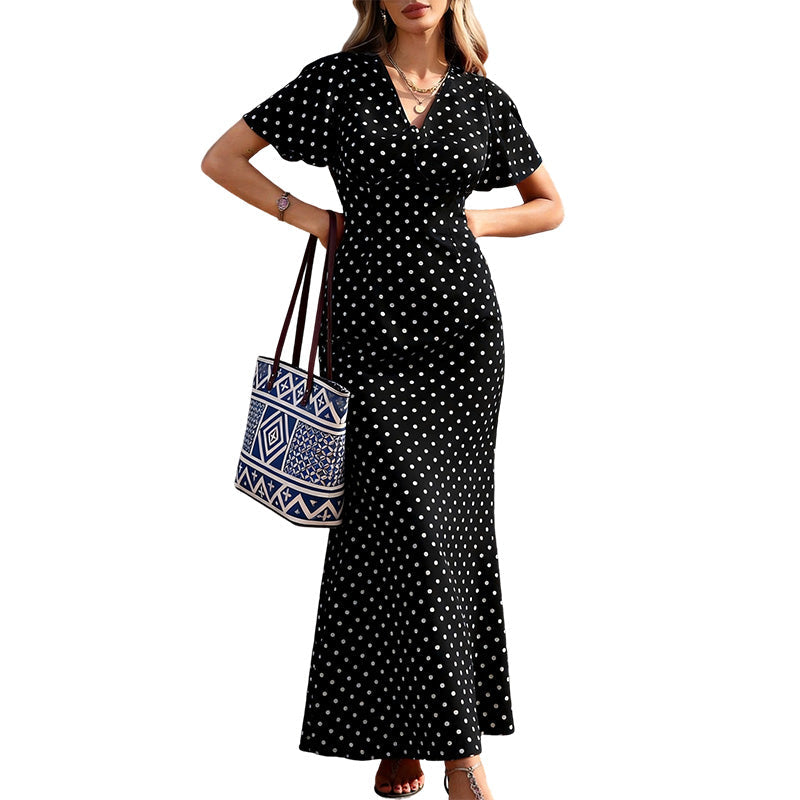 👗 PROMO LIMITÉE -50% ! ✨ Robe Maxi à Pois Col V Femme – Manches Volantées, Silhouette Galbée, Tissu Respirant, 6 Coloris, XS-XL 🎀