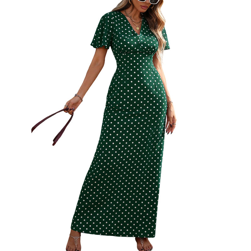 👗 PROMO LIMITÉE -50% ! ✨ Robe Maxi à Pois Col V Femme – Manches Volantées, Silhouette Galbée, Tissu Respirant, 6 Coloris, XS-XL 🎀