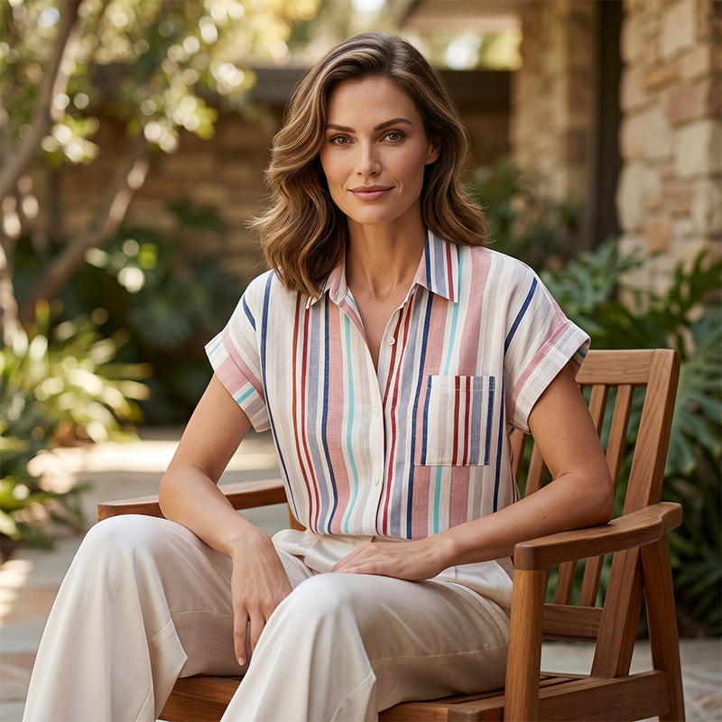 ⏳ PROMO LIMITÉE -50% ! ⏰ Chemise à Manches Courtes Rayée à Boutons pour Femme – Coupe Décontractée, Poche Poitrine, Tissu Doux, Tailles S-XL 👔🏖️
