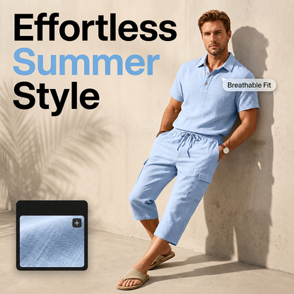 👔 50% DE RÉDUCTION ☀️ Ensemble lin homme été – Chemise ample & short cargo – Respirant & élégant – parfait pour l’été 🌊✨🩳