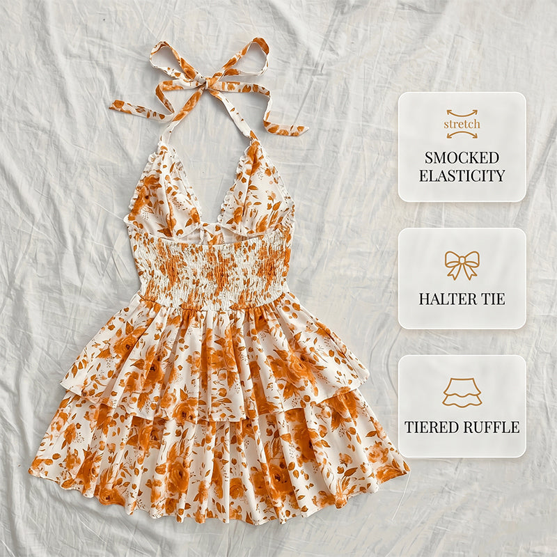 👗 OFFRE LIMITÉE – 50% DE RÉDUCTION ! 🌸 Robe Mini Imprimée Dos Nu à Nouer – Lacets Devant, Dos Smocké & Jupe à Volants Étagés – Parfaite pour l’Été et les Soirées ✨💃