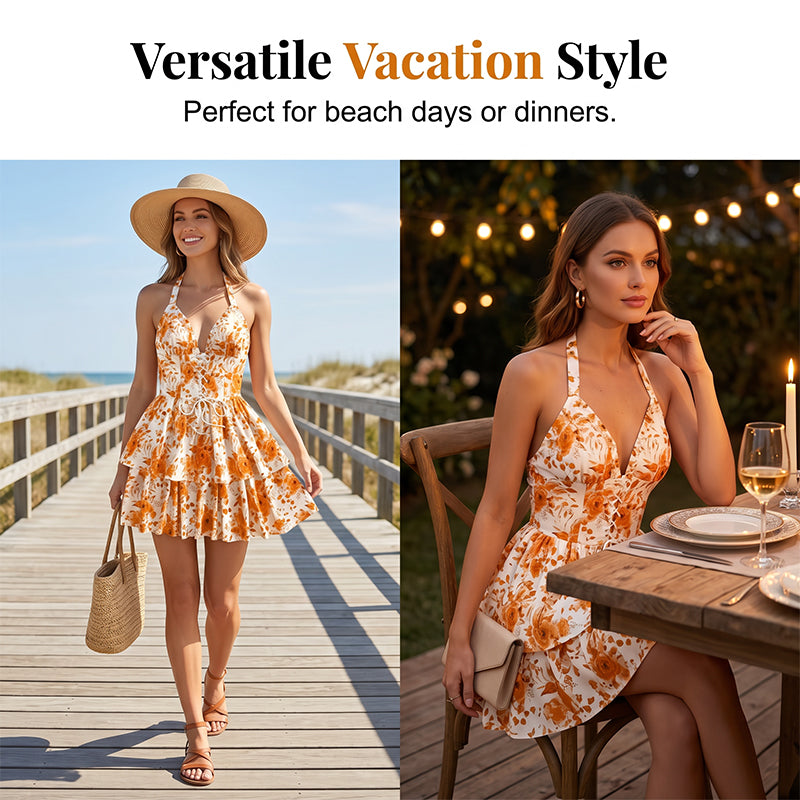 👗 OFFRE LIMITÉE – 50% DE RÉDUCTION ! 🌸 Robe Mini Imprimée Dos Nu à Nouer – Lacets Devant, Dos Smocké & Jupe à Volants Étagés – Parfaite pour l’Été et les Soirées ✨💃