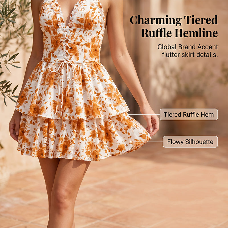 👗 OFFRE LIMITÉE – 50% DE RÉDUCTION ! 🌸 Robe Mini Imprimée Dos Nu à Nouer – Lacets Devant, Dos Smocké & Jupe à Volants Étagés – Parfaite pour l’Été et les Soirées ✨💃