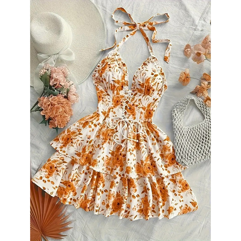 👗 OFFRE LIMITÉE – 50% DE RÉDUCTION ! 🌸 Robe Mini Imprimée Dos Nu à Nouer – Lacets Devant, Dos Smocké & Jupe à Volants Étagés – Parfaite pour l’Été et les Soirées ✨💃