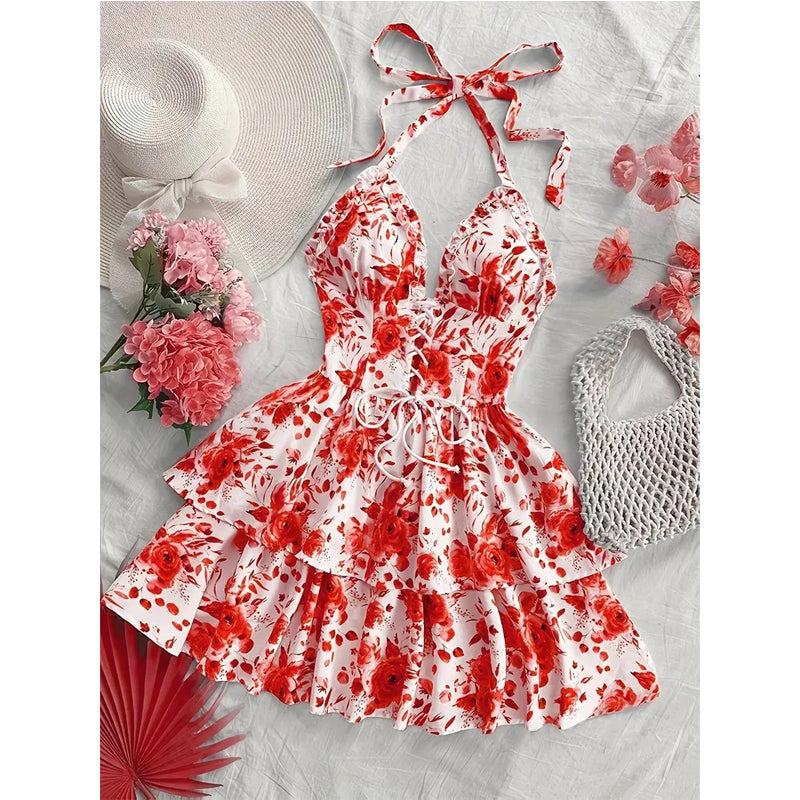 👗 OFFRE LIMITÉE – 50% DE RÉDUCTION ! 🌸 Robe Mini Imprimée Dos Nu à Nouer – Lacets Devant, Dos Smocké & Jupe à Volants Étagés – Parfaite pour l’Été et les Soirées ✨💃