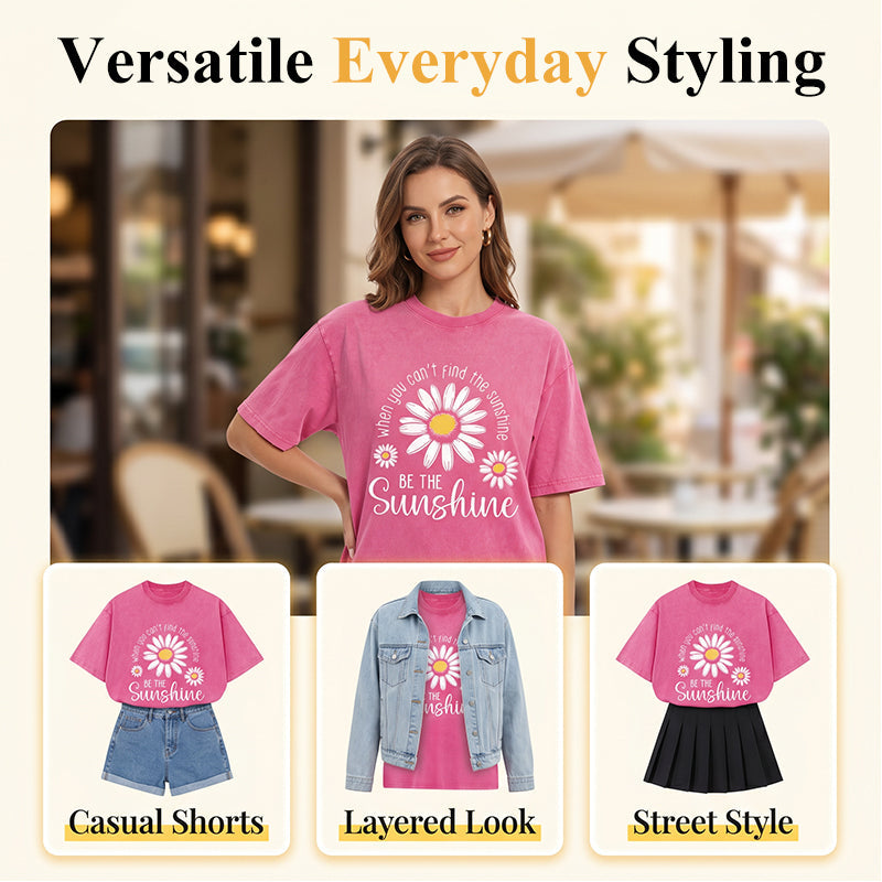 Unisex Vintage Washed Daisy Print Loose Fit T-Shirt